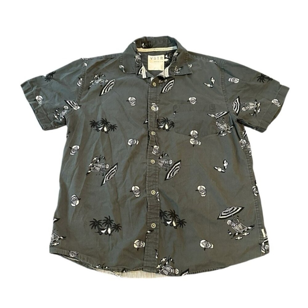 VSTR Premium Mens L Skull Print Button Down Short Sleeved Shirt Beach Pocket Y2K